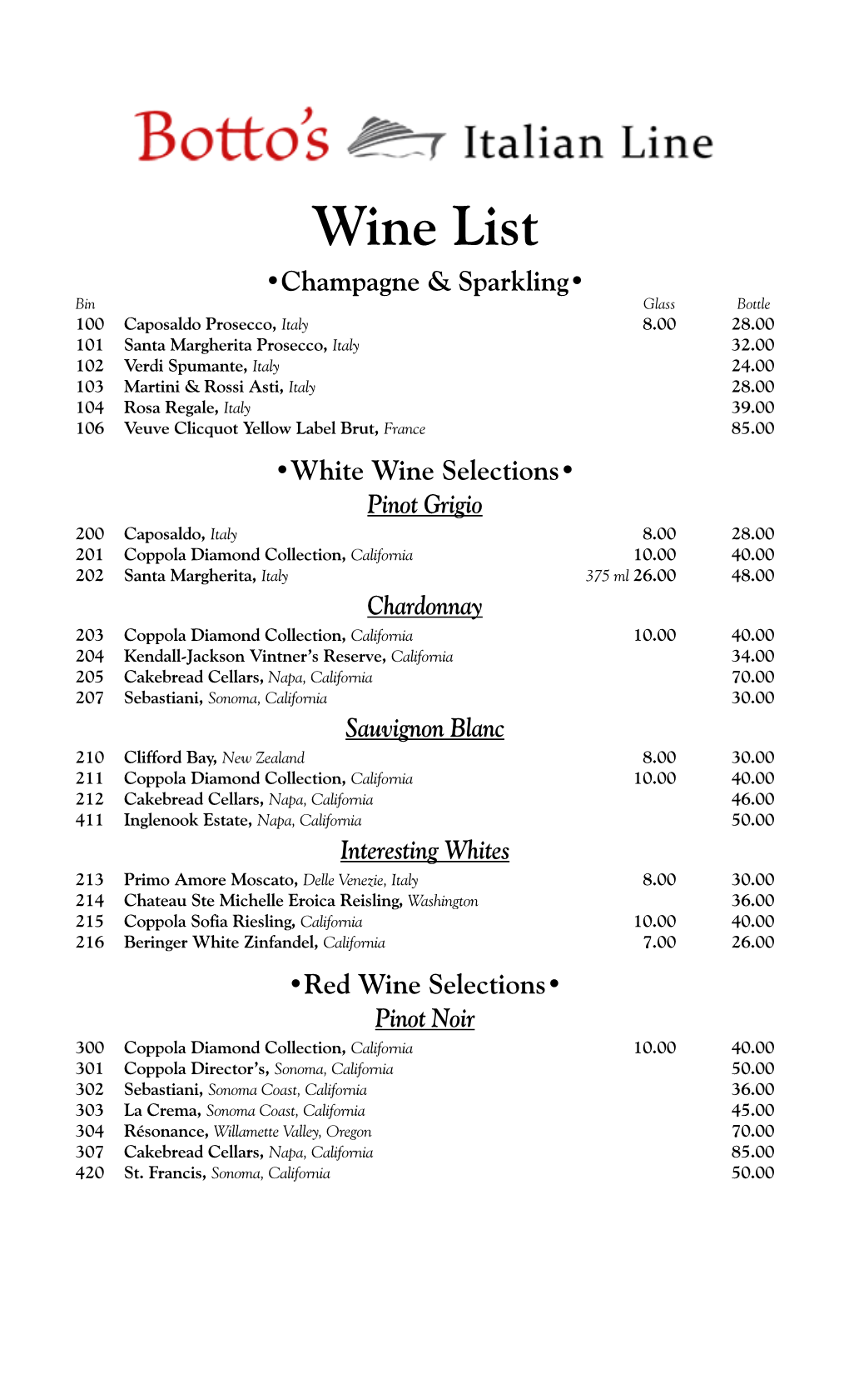 Botto's Wine List