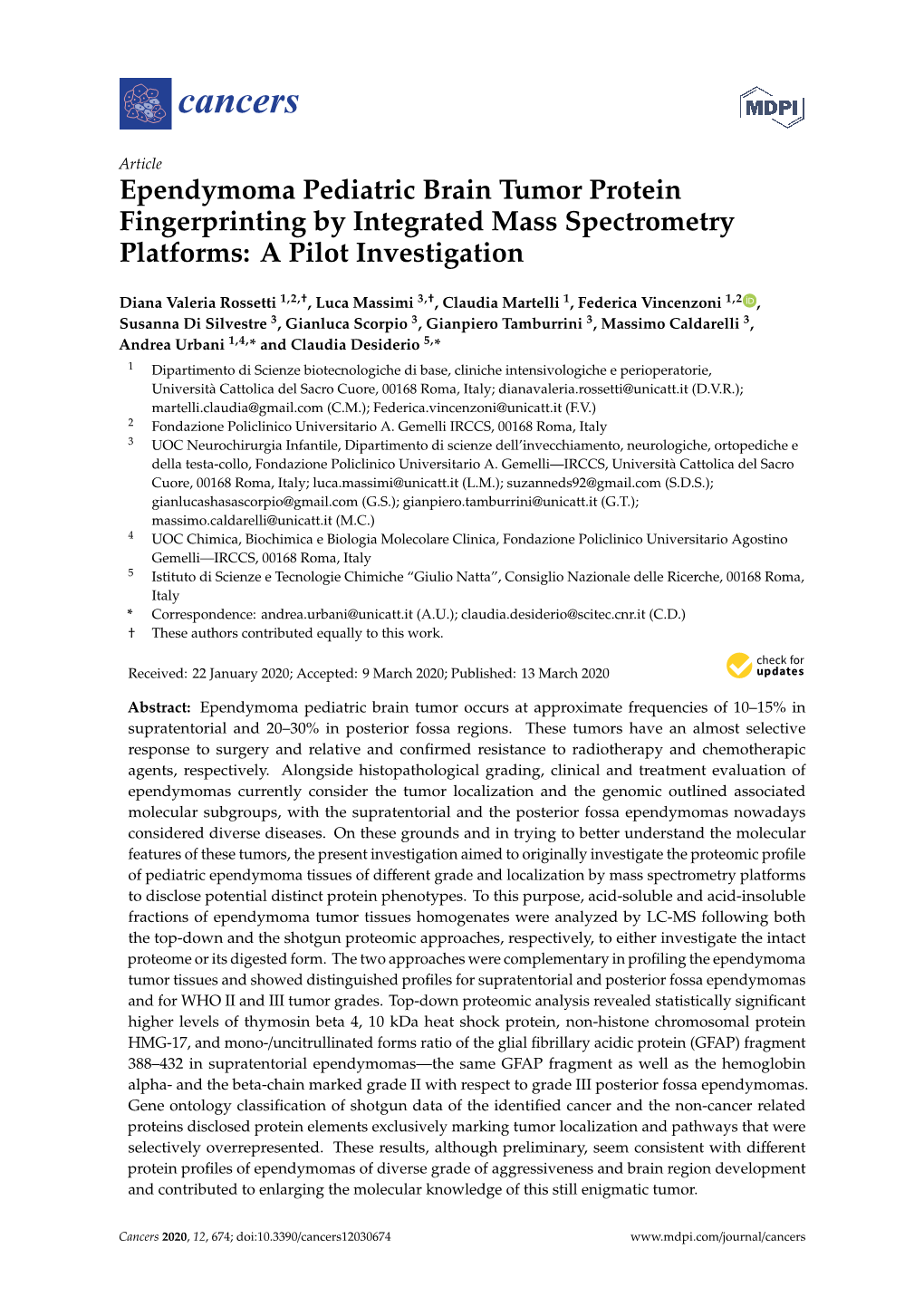 Ependymoma Pediatric Brain Tumor Protein Fingerprinting by Integrated Mass Spectrometry Platforms: a Pilot Investigation