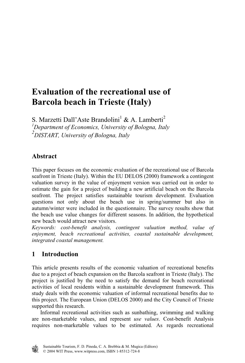 Evaluation of the Recreational Use of Barcola Beach in Trieste (Italy)