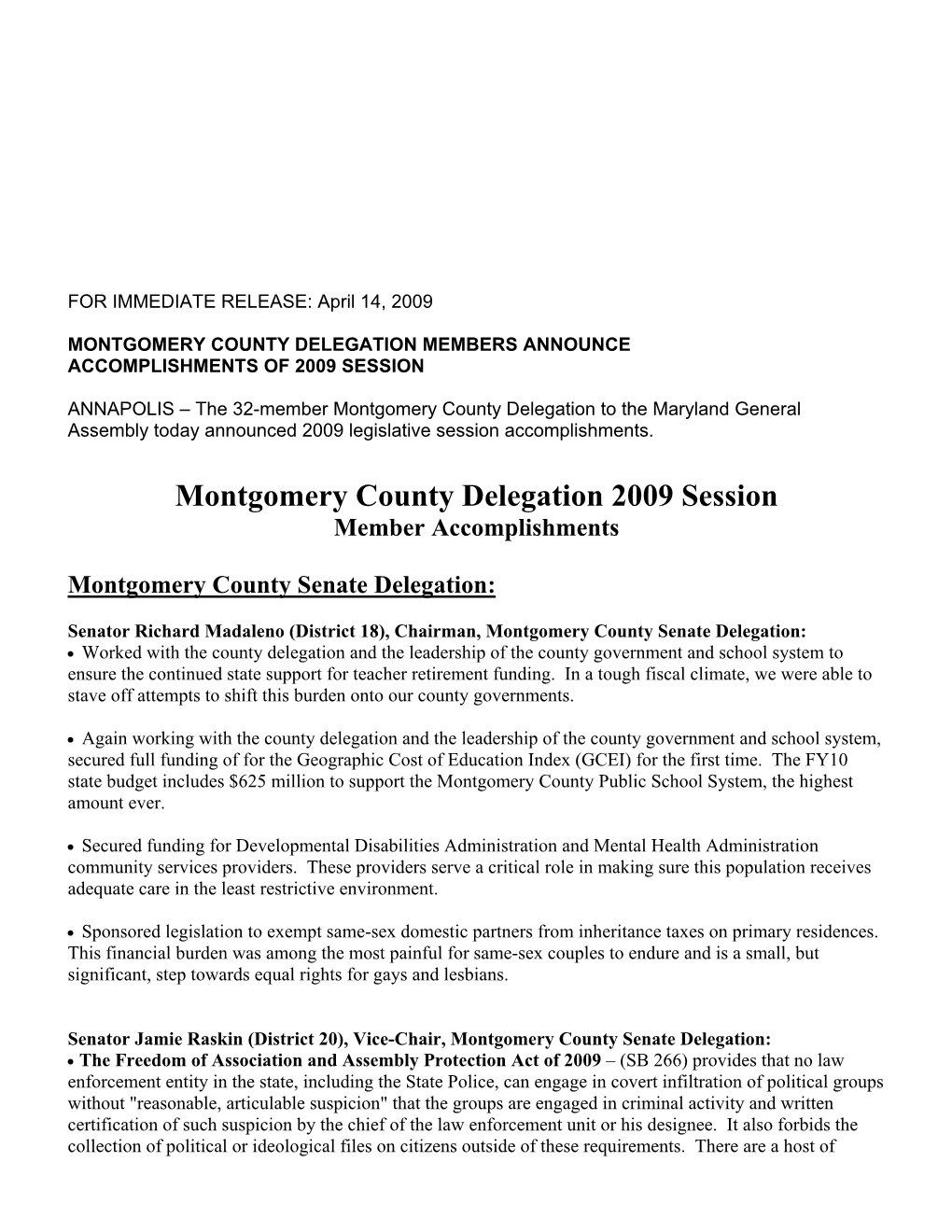 Montgomery County Delegation 2009 Session Member Accomplishments