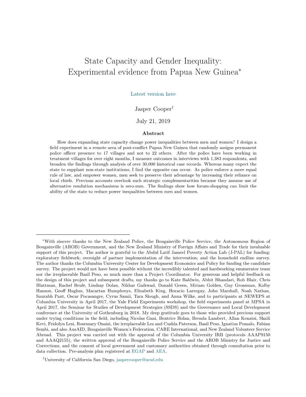 State Capacity and Gender Inequality: Experimental Evidence from Papua New Guinea∗