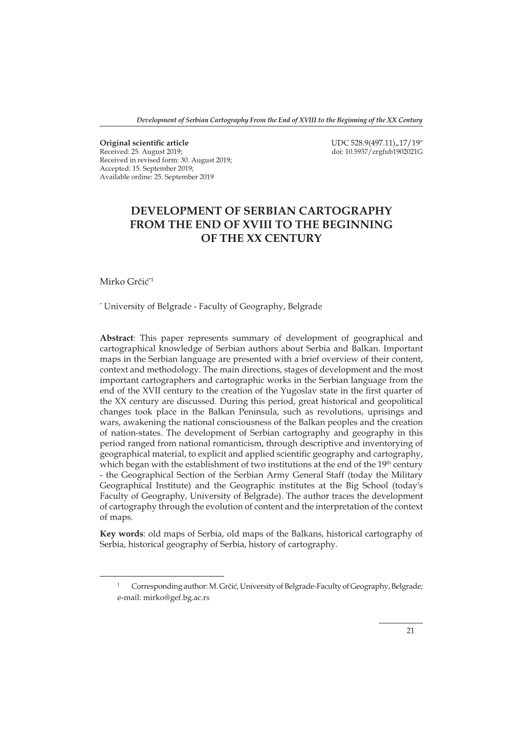 Development of Serbian Cartography from the End of XVIII to the Beginning of the XX Century