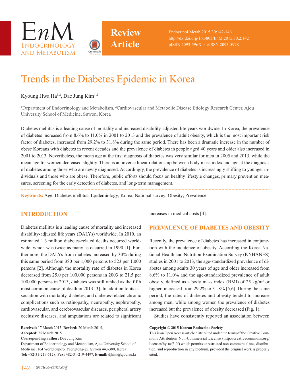Trends in the Diabetes Epidemic in Korea