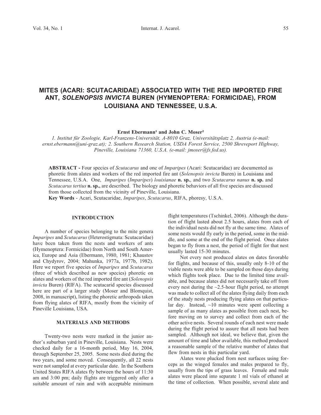 Mites (Acari: Scutacaridae) Associated with the Red Imported Fire Ant, Solenopsis Invicta Buren (Hymenoptera: Formicidae), from Louisiana and Tennessee, U.S.A