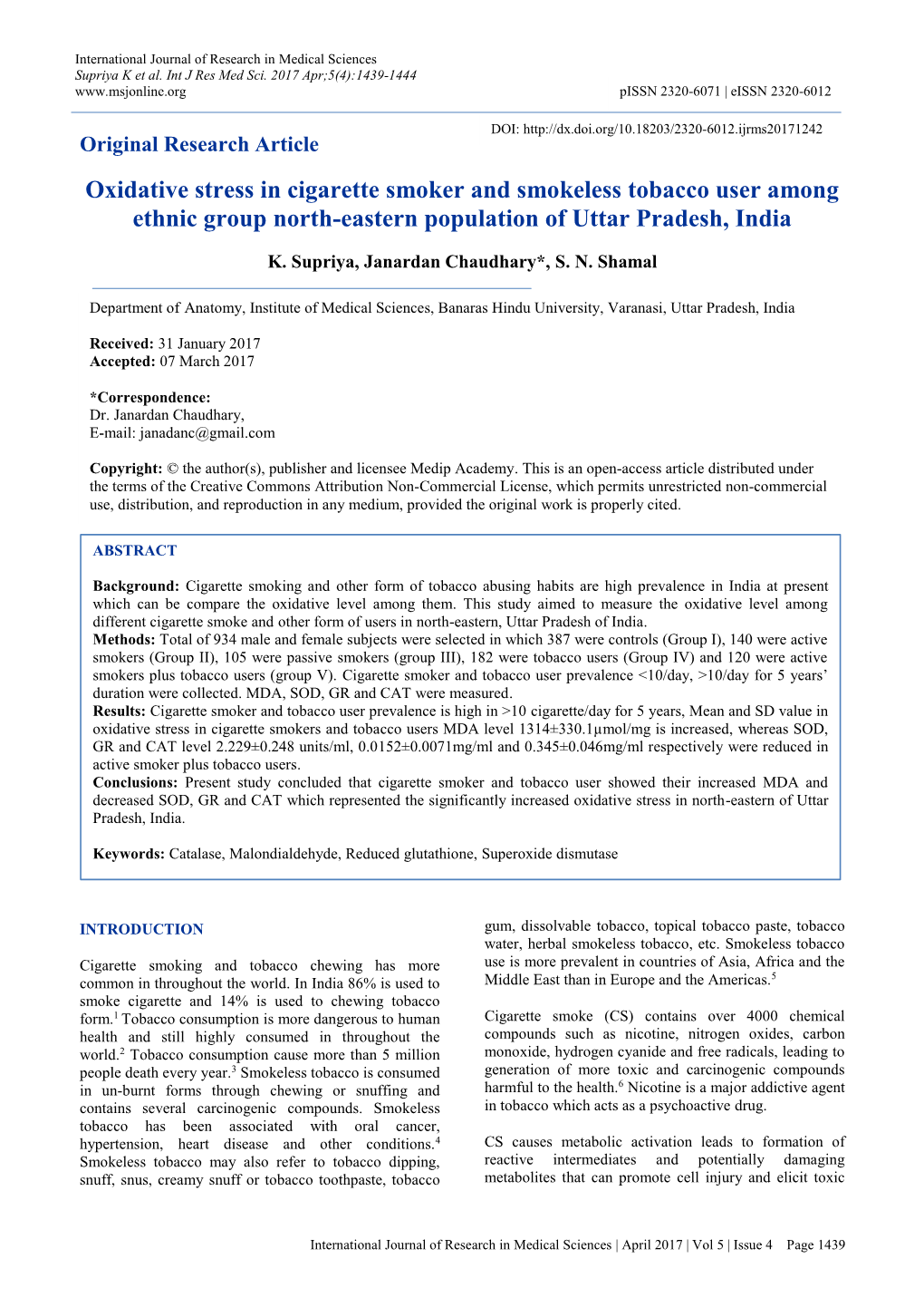 Oxidative Stress in Cigarette Smoker and Smokeless Tobacco User Among Ethnic Group North-Eastern Population of Uttar Pradesh, India