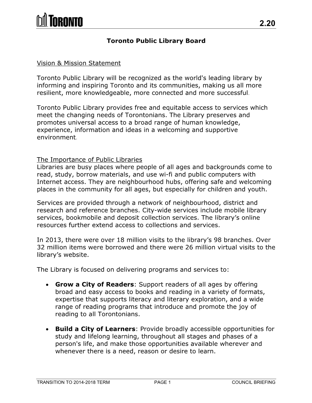 Toronto Public Library, 2014-18 Council Briefing Note