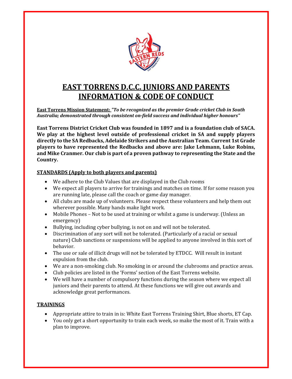 East Torrens D.C.C. Juniors and Parents Information & Code of Conduct