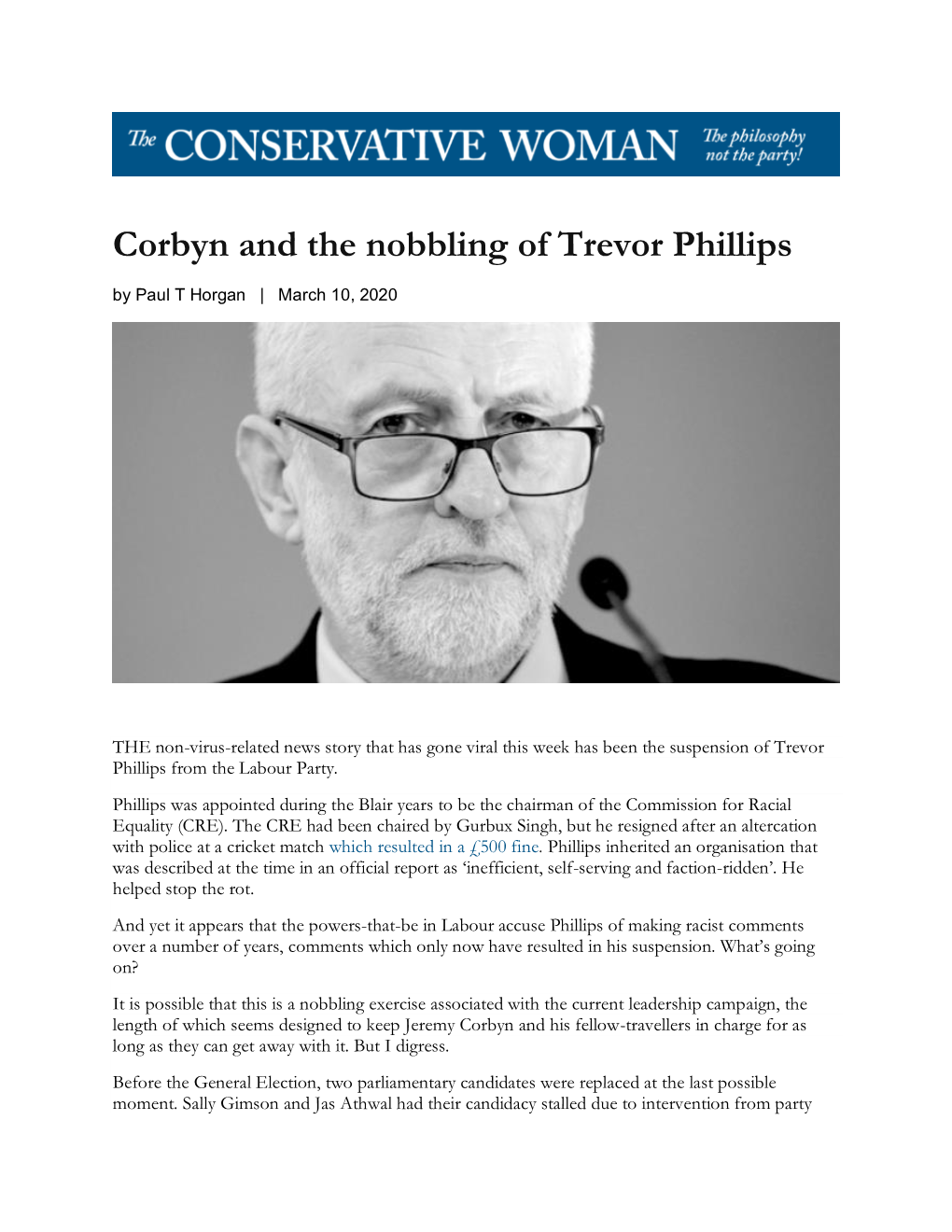 Corbyn and the Nobbling of Trevor Phillips by Paul T Horgan | March 10, 2020
