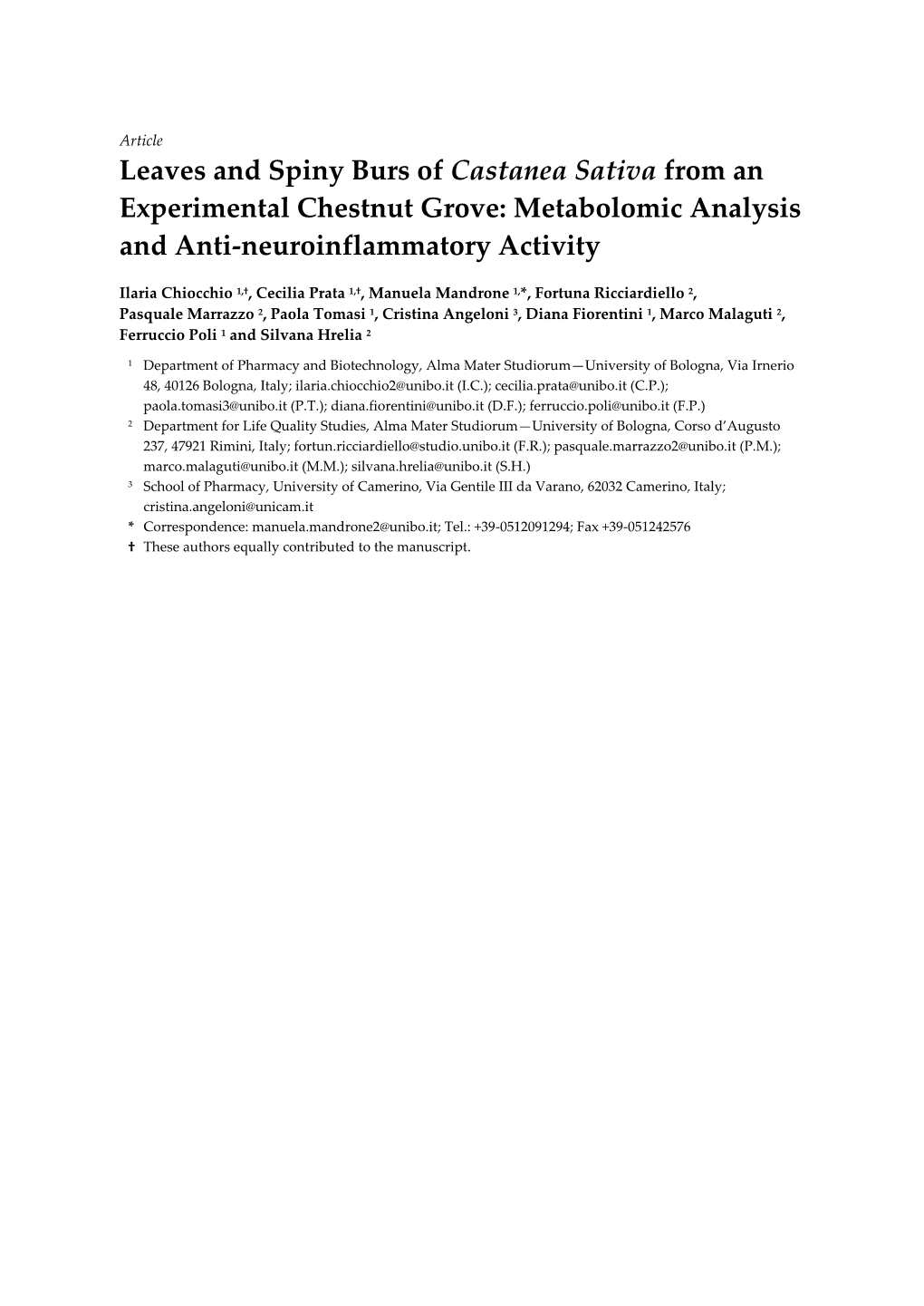 Leaves and Spiny Burs of Castanea Sativa from an Experimental Chestnut Grove: Metabolomic Analysis and Anti-Neuroinflammatory Activity