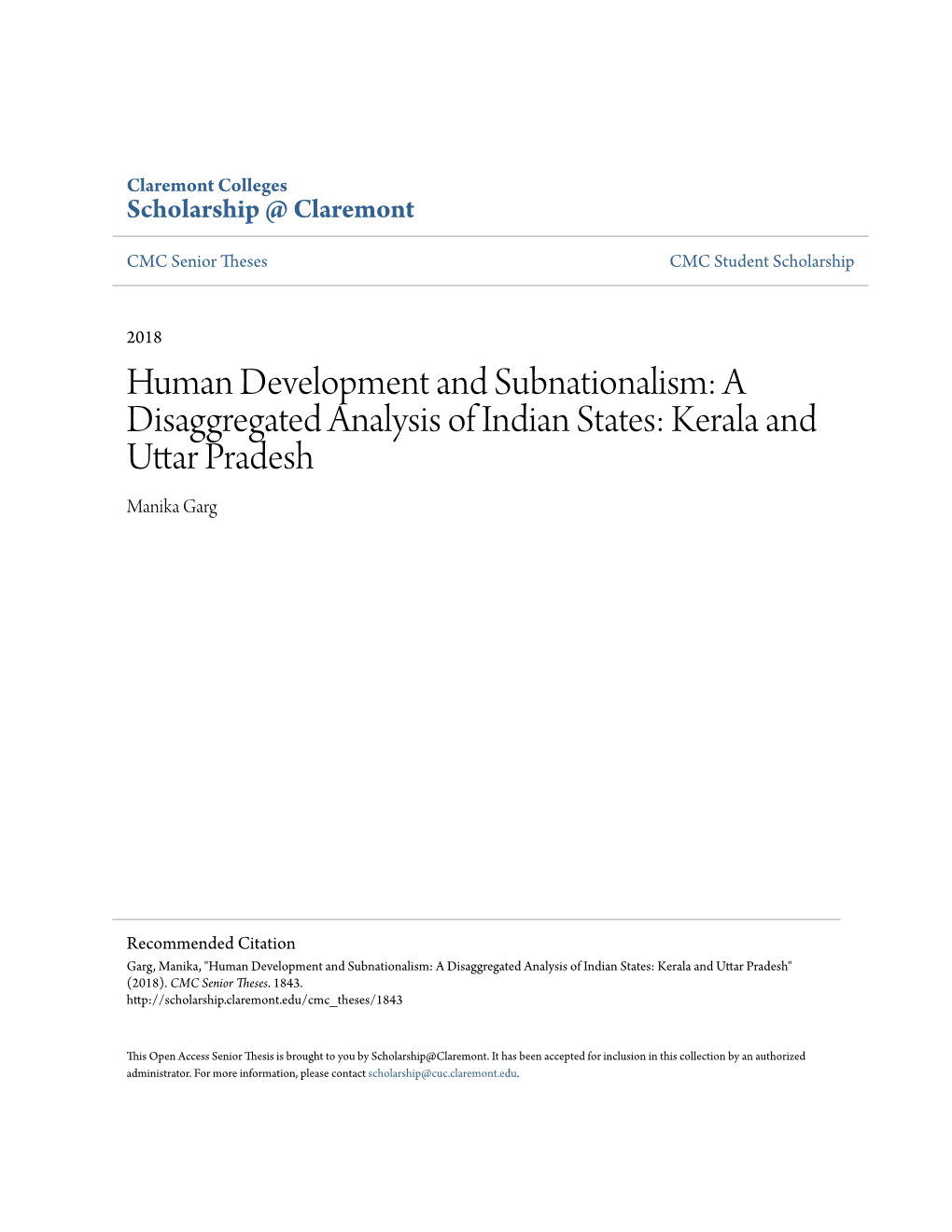 Human Development and Subnationalism: a Disaggregated Analysis of Indian States: Kerala and Uttar Pradesh Manika Garg