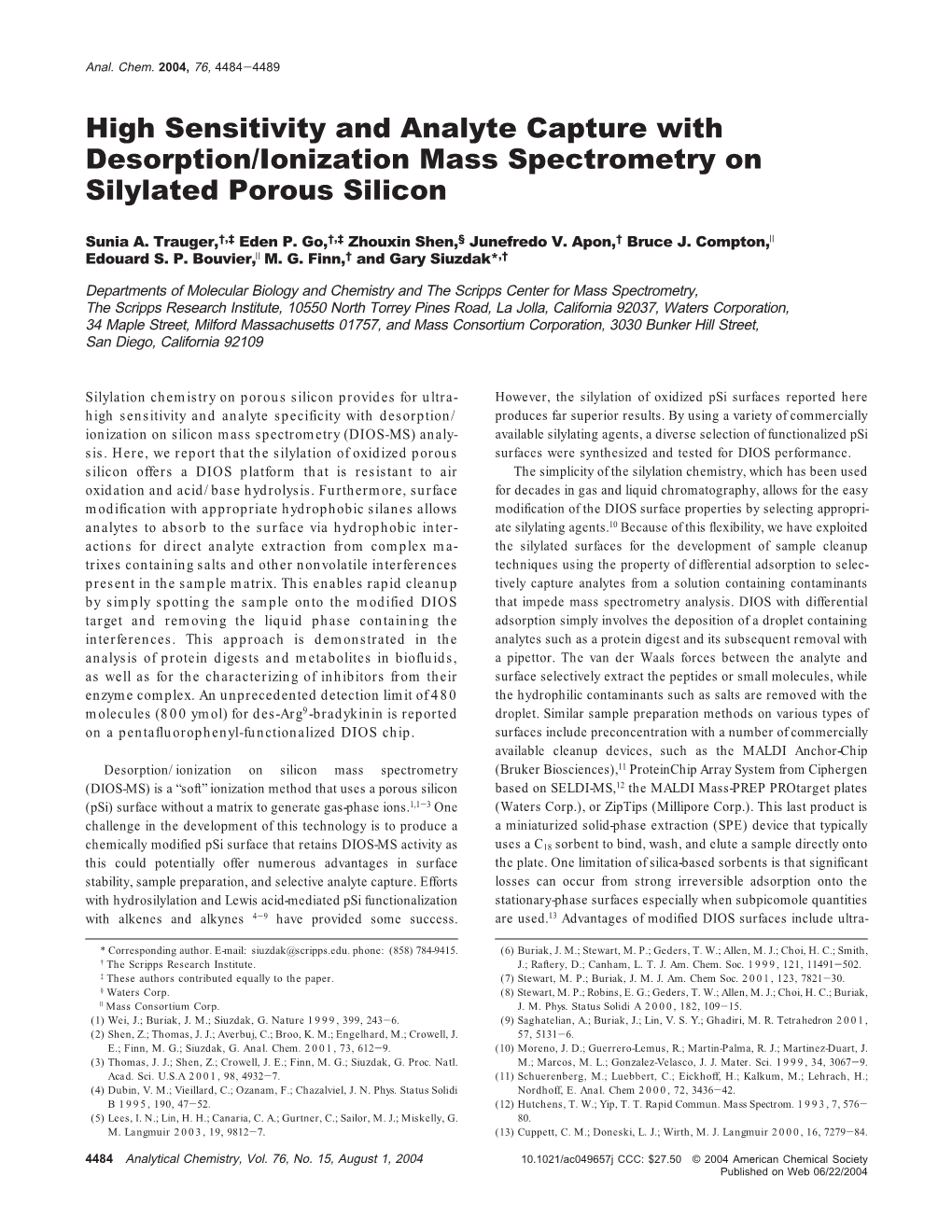High Sensitivity and Analyte Capture with Desorption/Ionization Mass Spectrometry on Silylated Porous Silicon