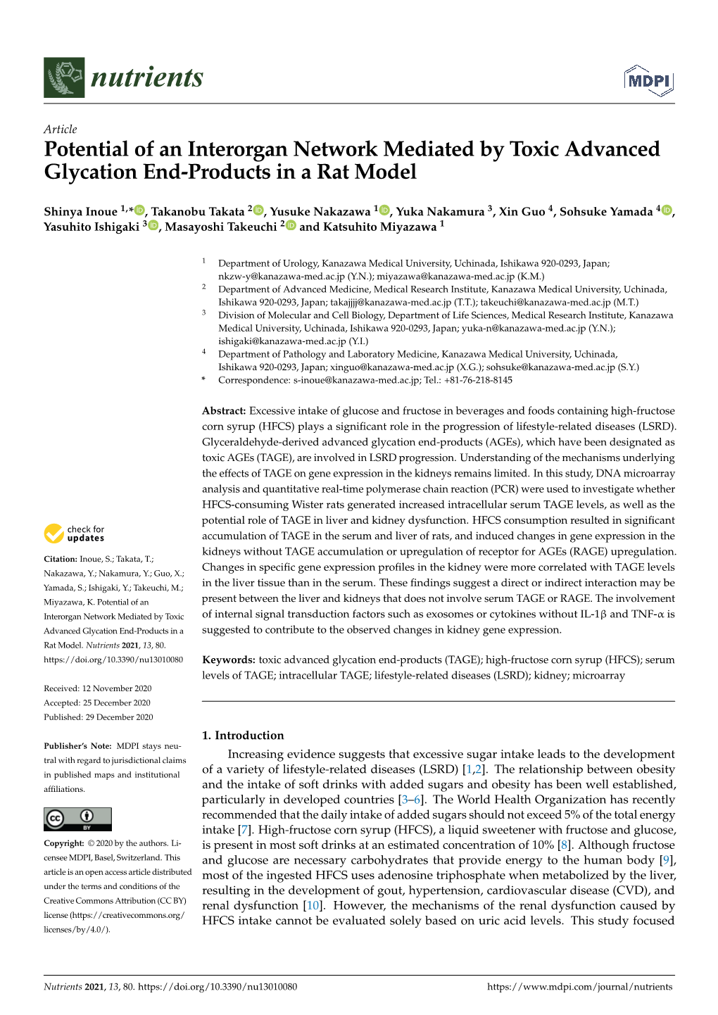 Potential of an Interorgan Network Mediated by Toxic Advanced Glycation End-Products in a Rat Model