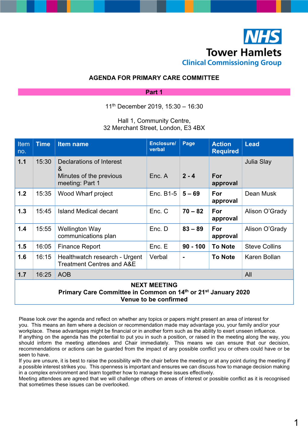 AGENDA for PRIMARY CARE COMMITTEE Part 1 11Th December