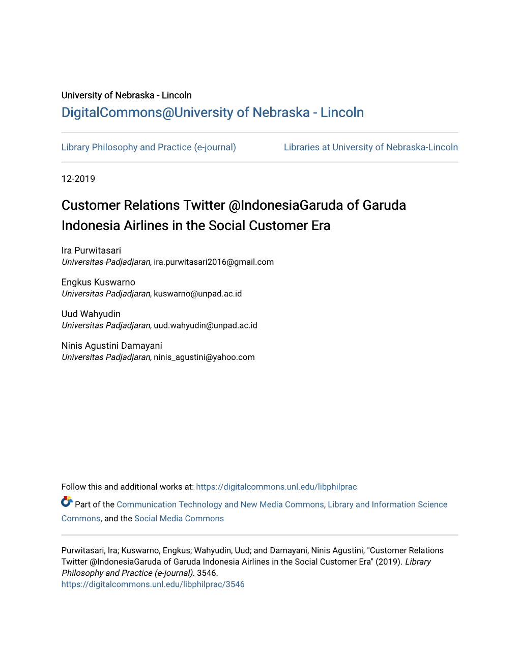 Customer Relations Twitter @Indonesiagaruda of Garuda Indonesia Airlines in the Social Customer Era