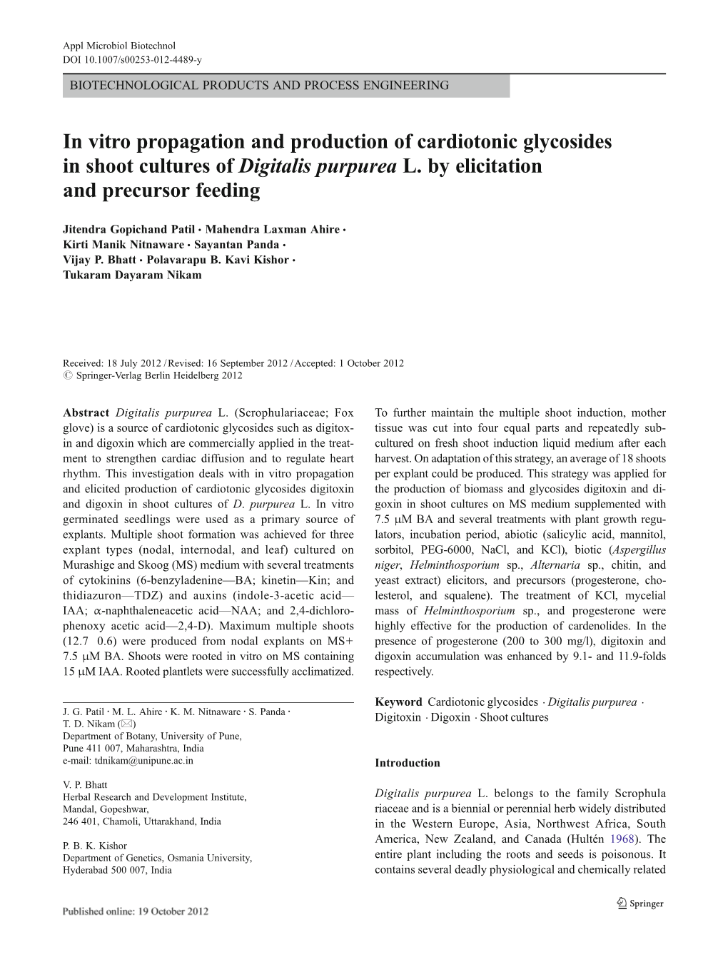 In Vitro Propagation and Production of Cardiotonic Glycosides in Shoot Cultures of Digitalis Purpurea L