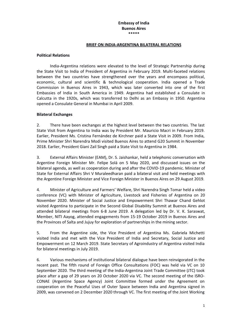 Embassy of India Buenos Aires ***** BRIEF on INDIA-ARGENTINA
