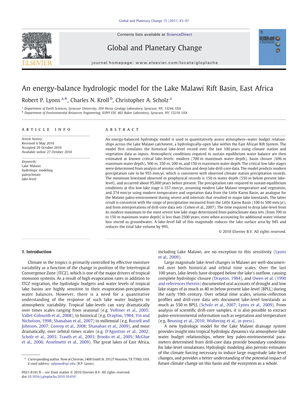 An Energy-Balance Hydrologic Model for the Lake Malawi Rift Basin, East Africa