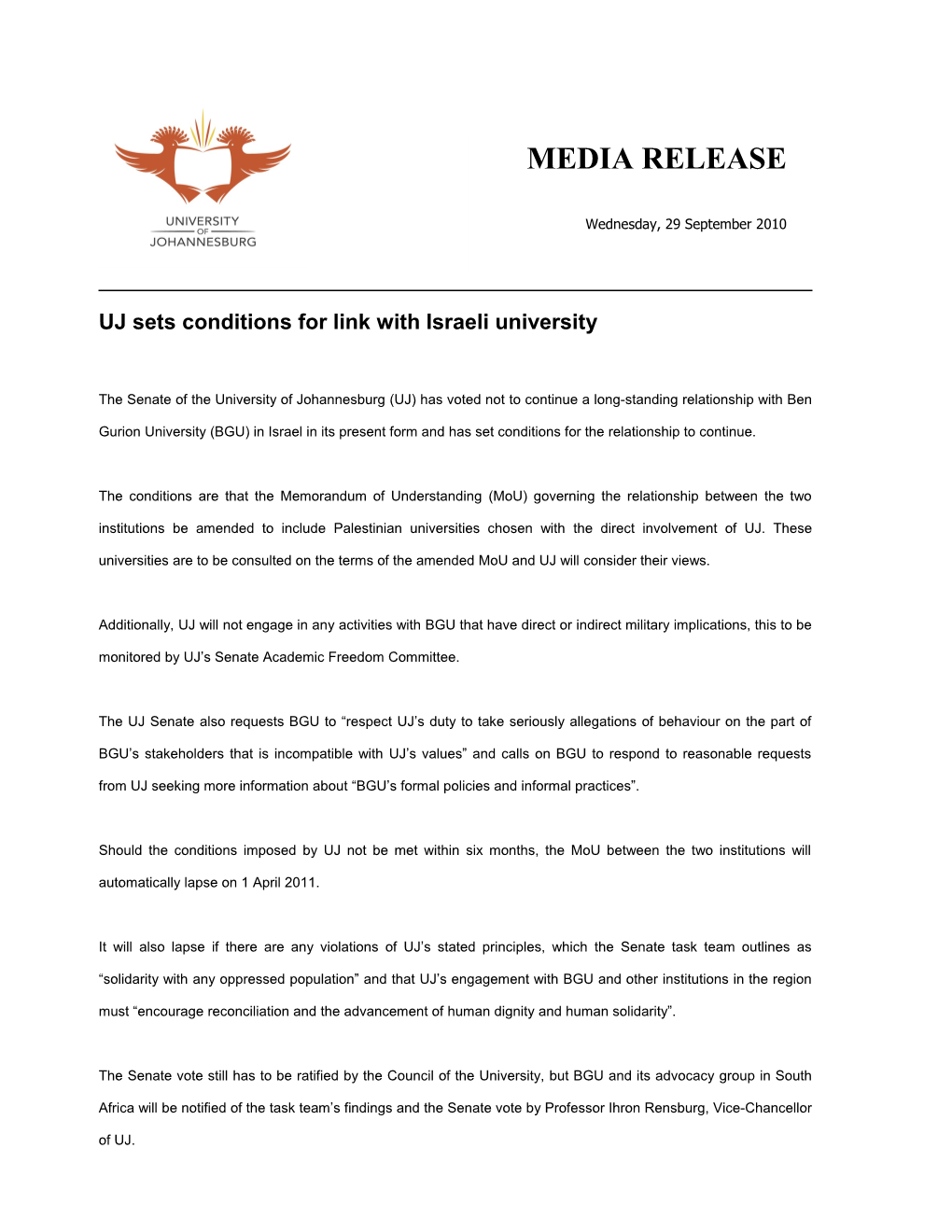 UJ Sets Conditions for Link with Israeli University