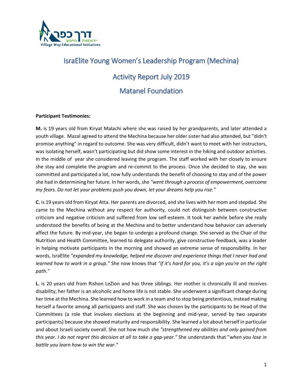 Israelite Young Women's Leadership Program (Mechina) Activity Report