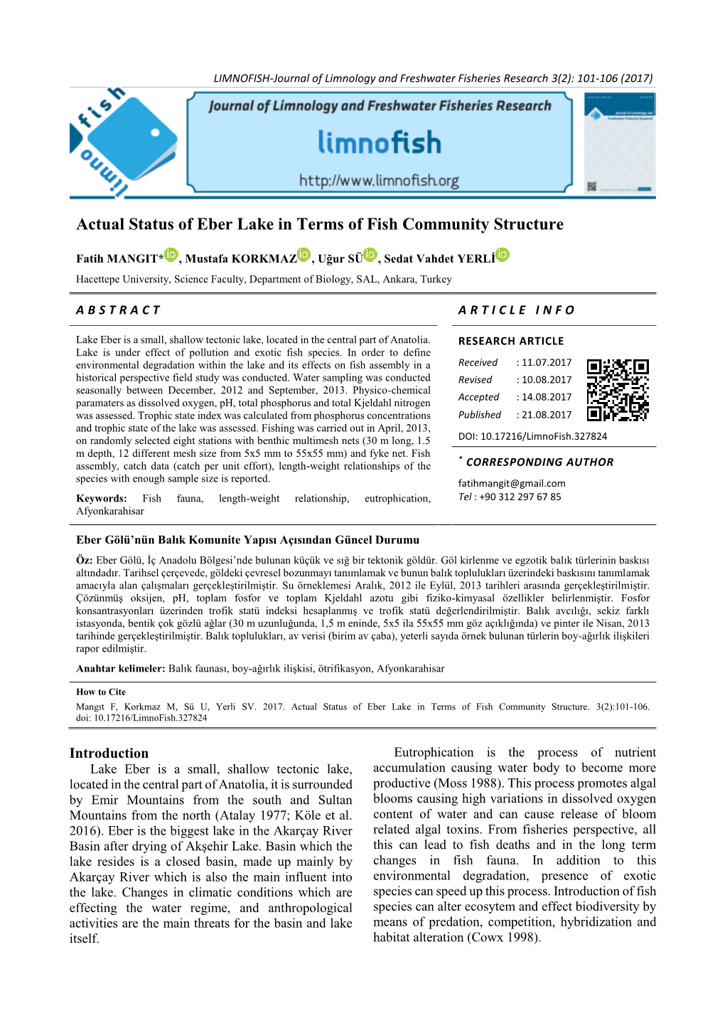 Actual Status of Eber Lake in Terms of Fish Community Structure