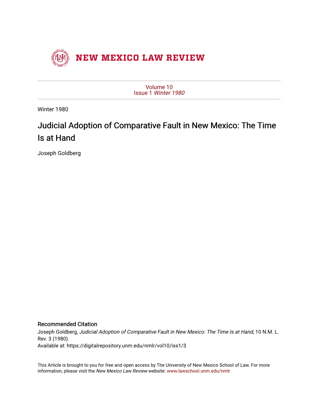 Judicial Adoption of Comparative Fault in New Mexico: the Time Is at Hand