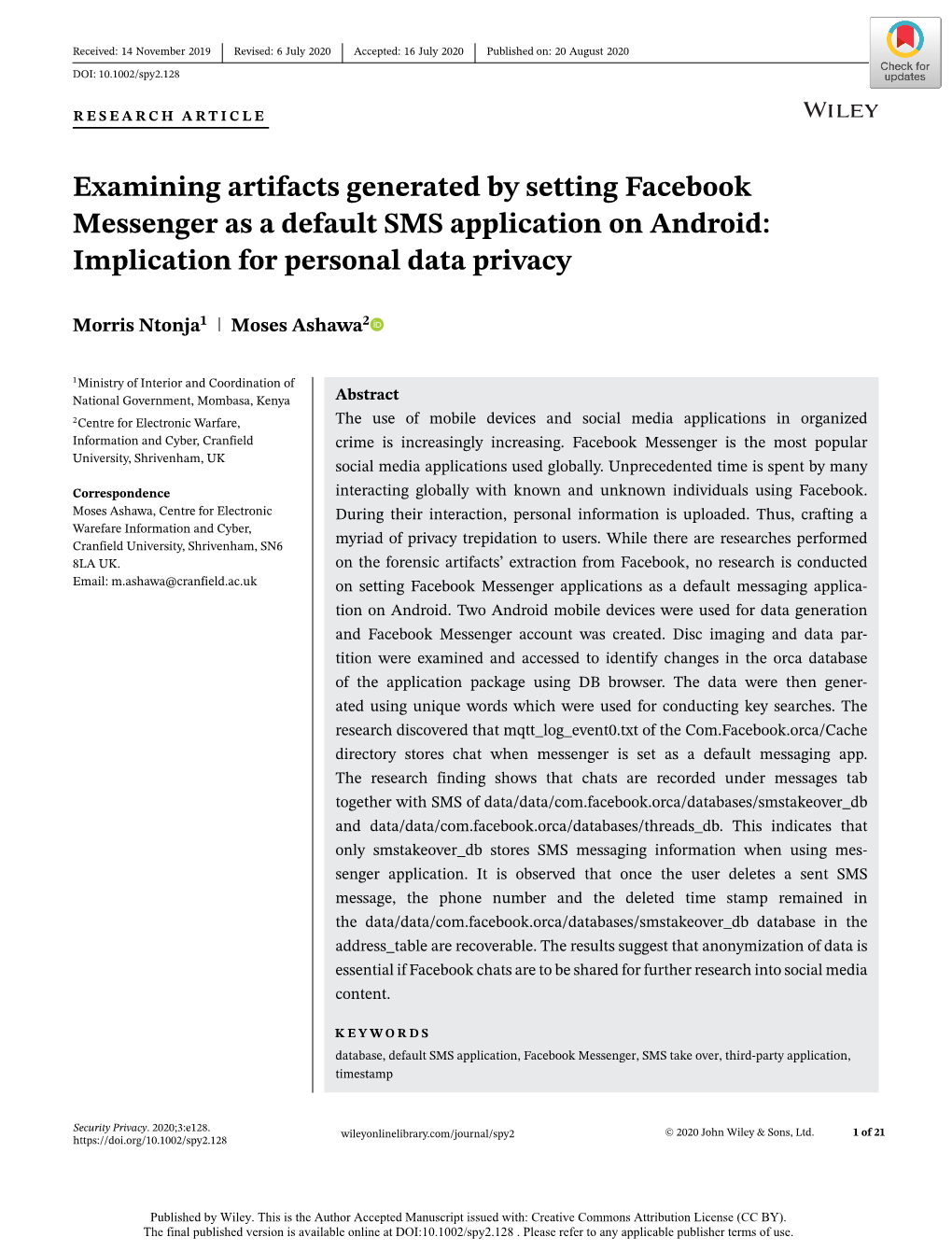 Examining Artifacts Generated by Setting Facebook Messenger As a Default SMS Application on Android: Implication for Personal Data Privacy