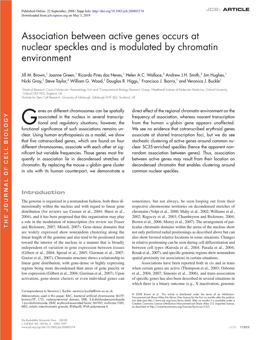 Association Between Active Genes Occurs at Nuclear Speckles