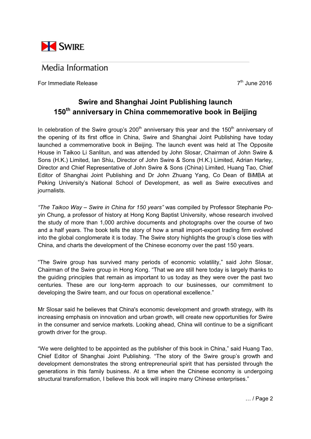 Swire and Shanghai Joint Publishing Launch 150 Anniversary in China