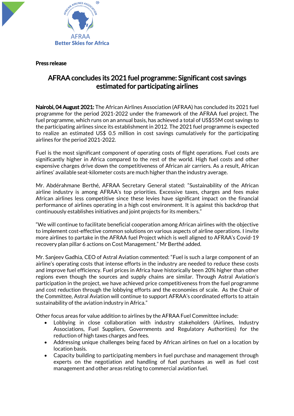 AFRAA Concludes Its 2021 Fuel Programme: Significant Cost Savings Estimated for Participating Airlines