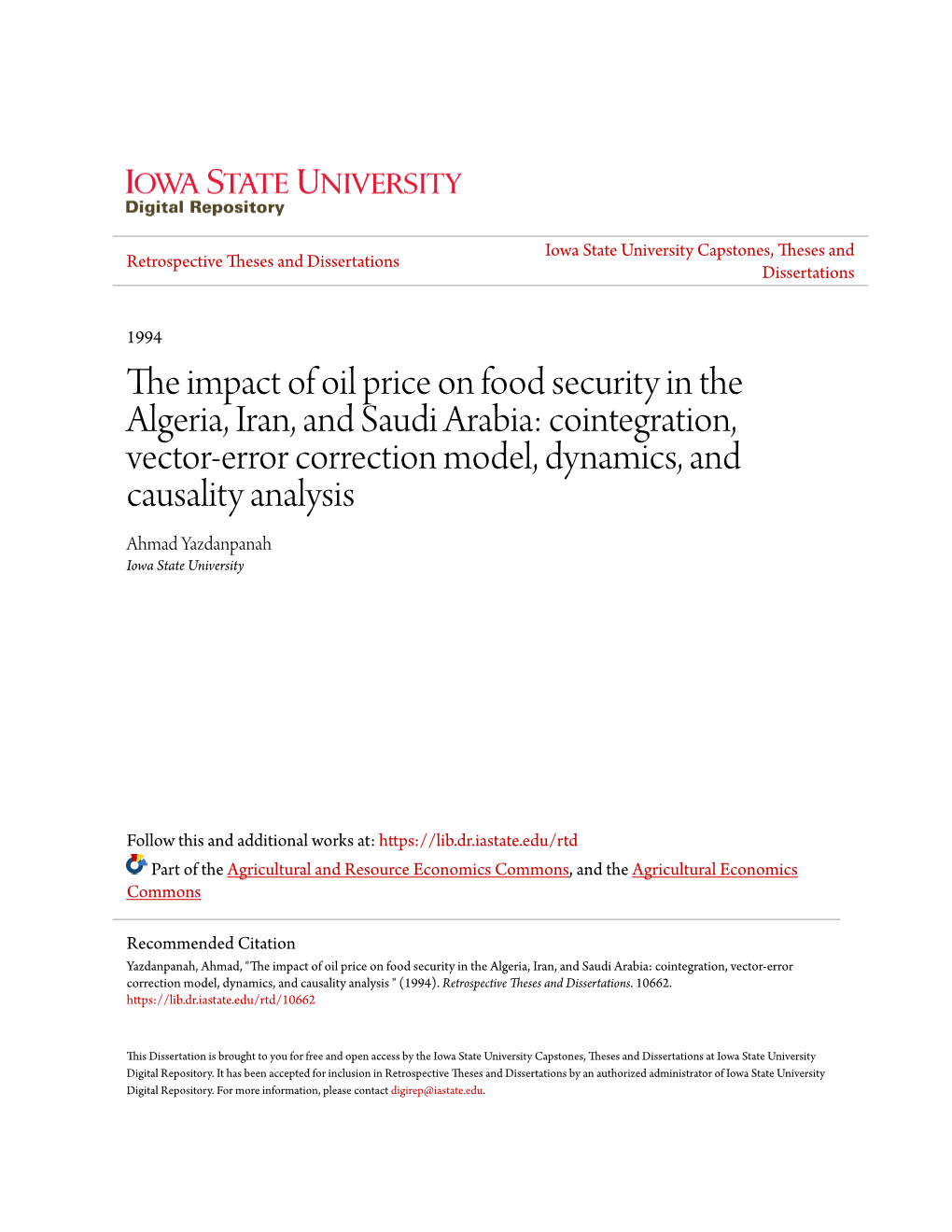 The Impact of Oil Price on Food Security in the Algeria, Iran, and Saudi Arabia