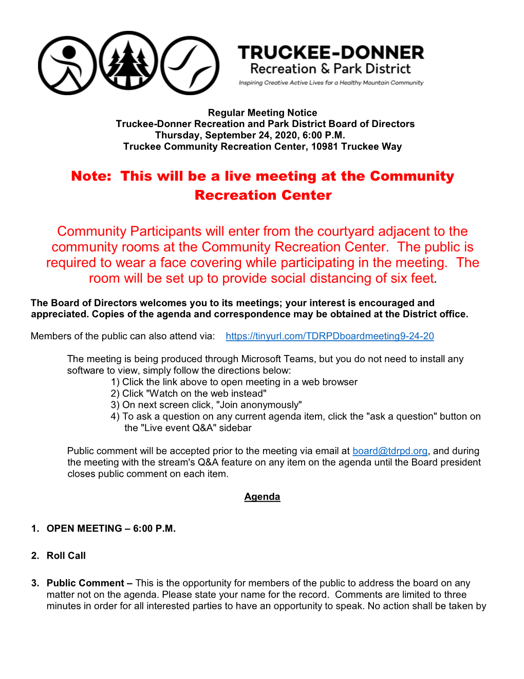 Note: This Will Be a Live Meeting at the Community Recreation Center