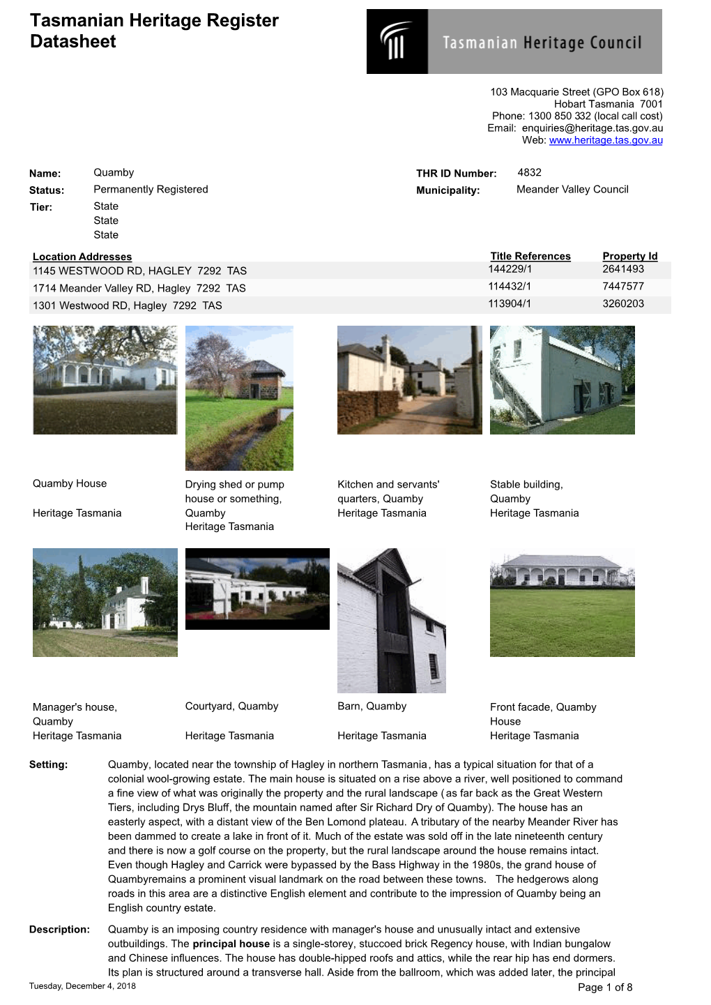 Tasmanian Heritage Register Entry Quamby, Hagley.Pdf