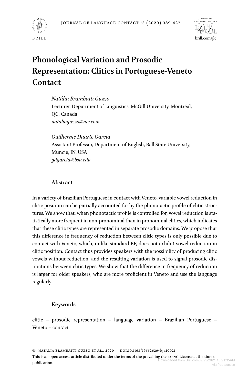 Phonological Variation and Prosodic Representation: Clitics in Portuguese-Veneto Contact