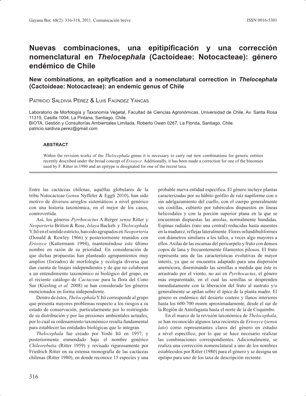 Nuevas Combinaciones, Una Epitipificación Y Una Corrección Nomenclatural En Thelocephala (Cactoideae: Notocacteae): Género Endémico De Chile