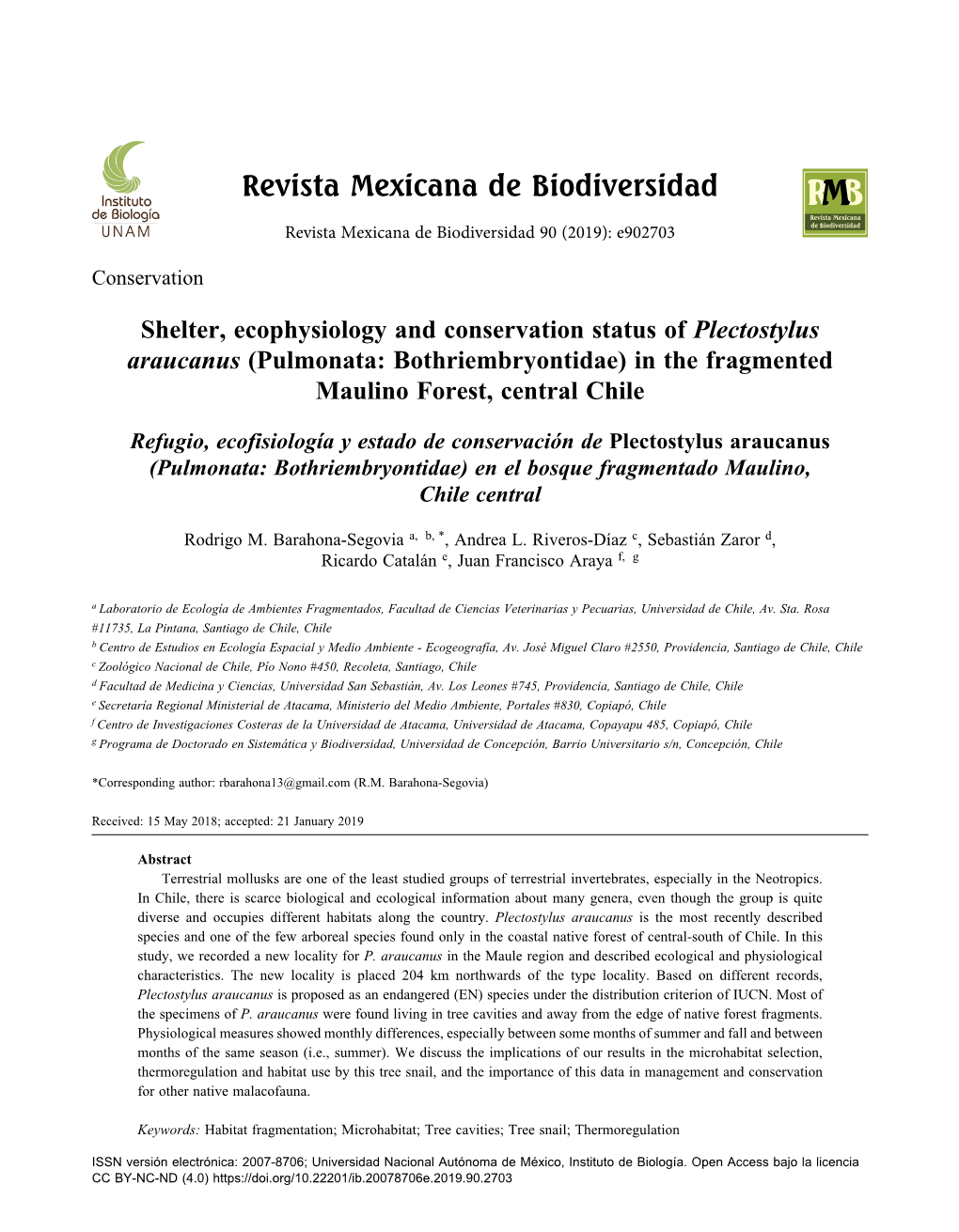 Shelter, Ecophysiology and Conservation Status of Plectostylus Araucanus (Pulmonata: Bothriembryontidae) in the Fragmented Maulino Forest, Central Chile