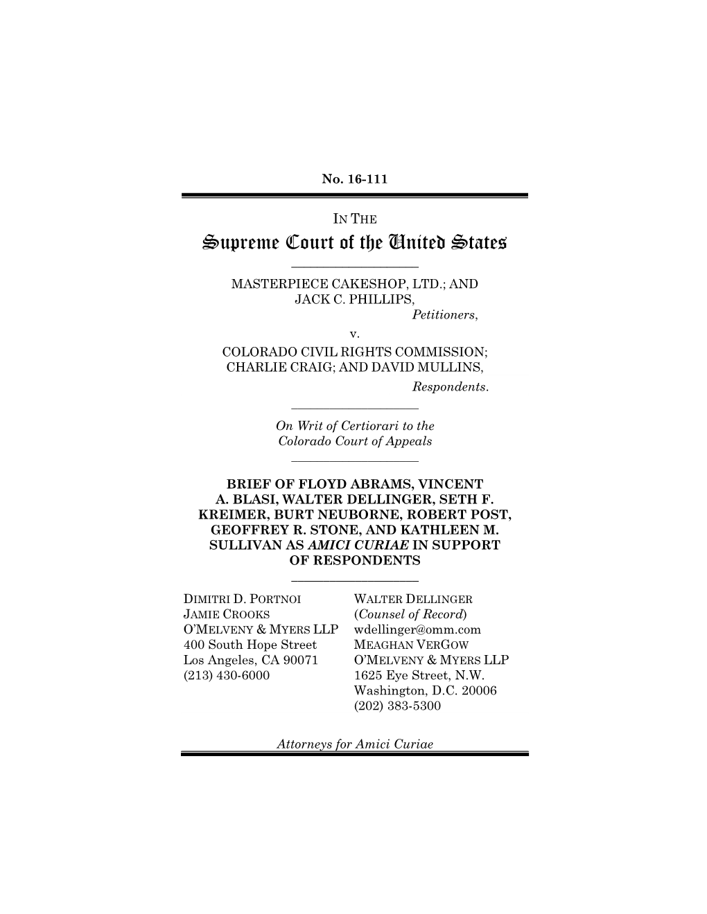 Supreme Court of the United States ______MASTERPIECE CAKESHOP, LTD.; and JACK C