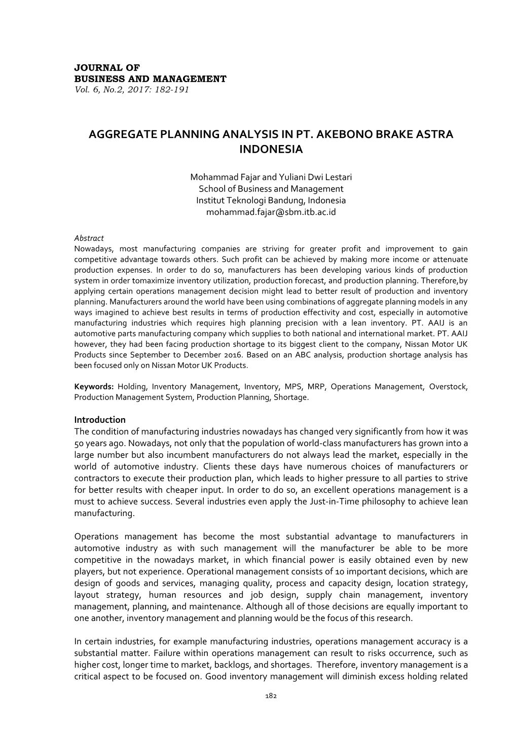 Aggregate Planning Analysis in Pt. Akebono Brake Astra Indonesia