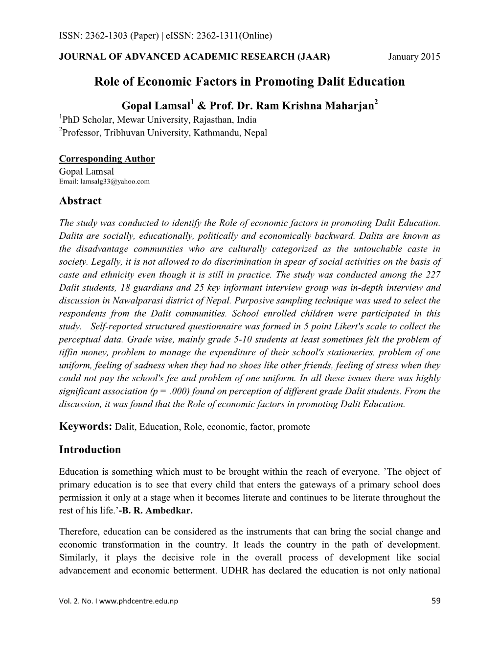 Role of Economic Factors in Promoting Dalit Education