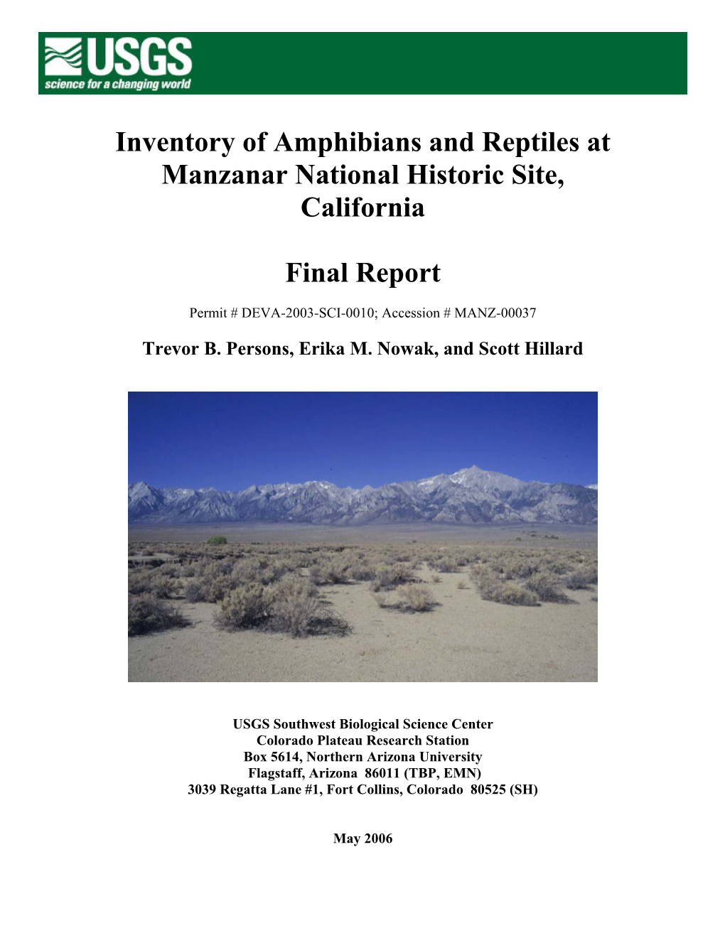 Inventory of Amphibians and Reptiles at Manzanar National Historic Site, California