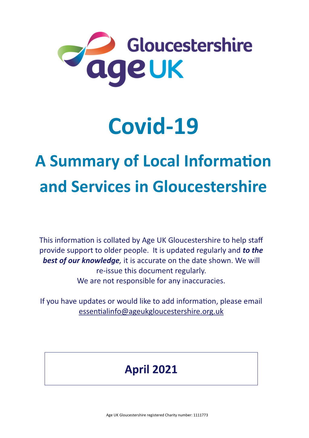 Covid-19 a Summary of Local Information and Services in Gloucestershire
