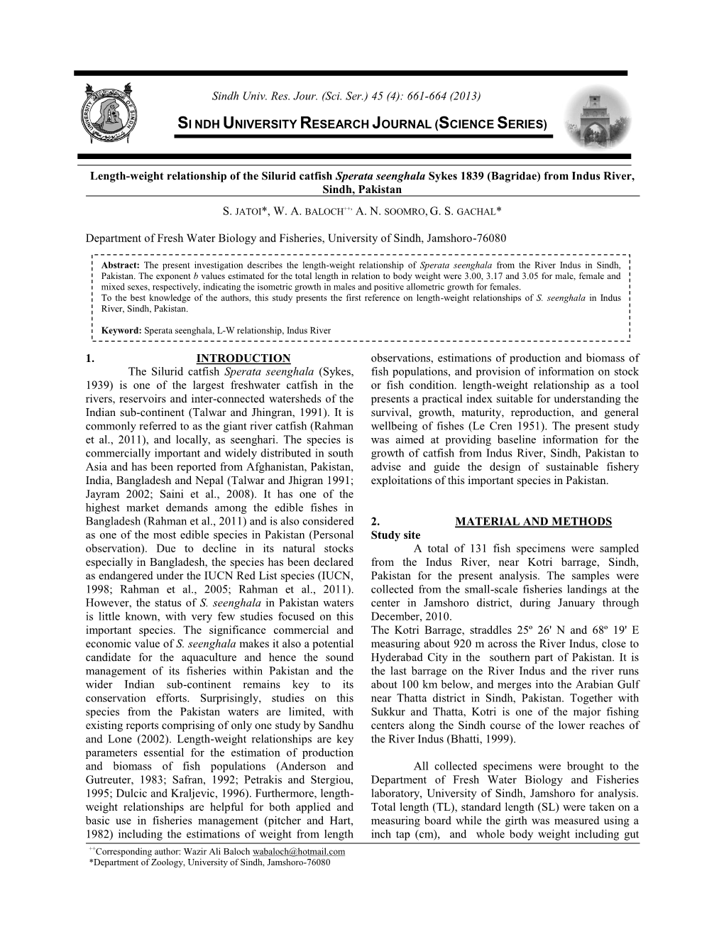 Length-Weight Relationship of the Silurid Catfish Sperata Seenghala Sykes 1839 (Bagridae) from Indus River, Sindh, Pakistan