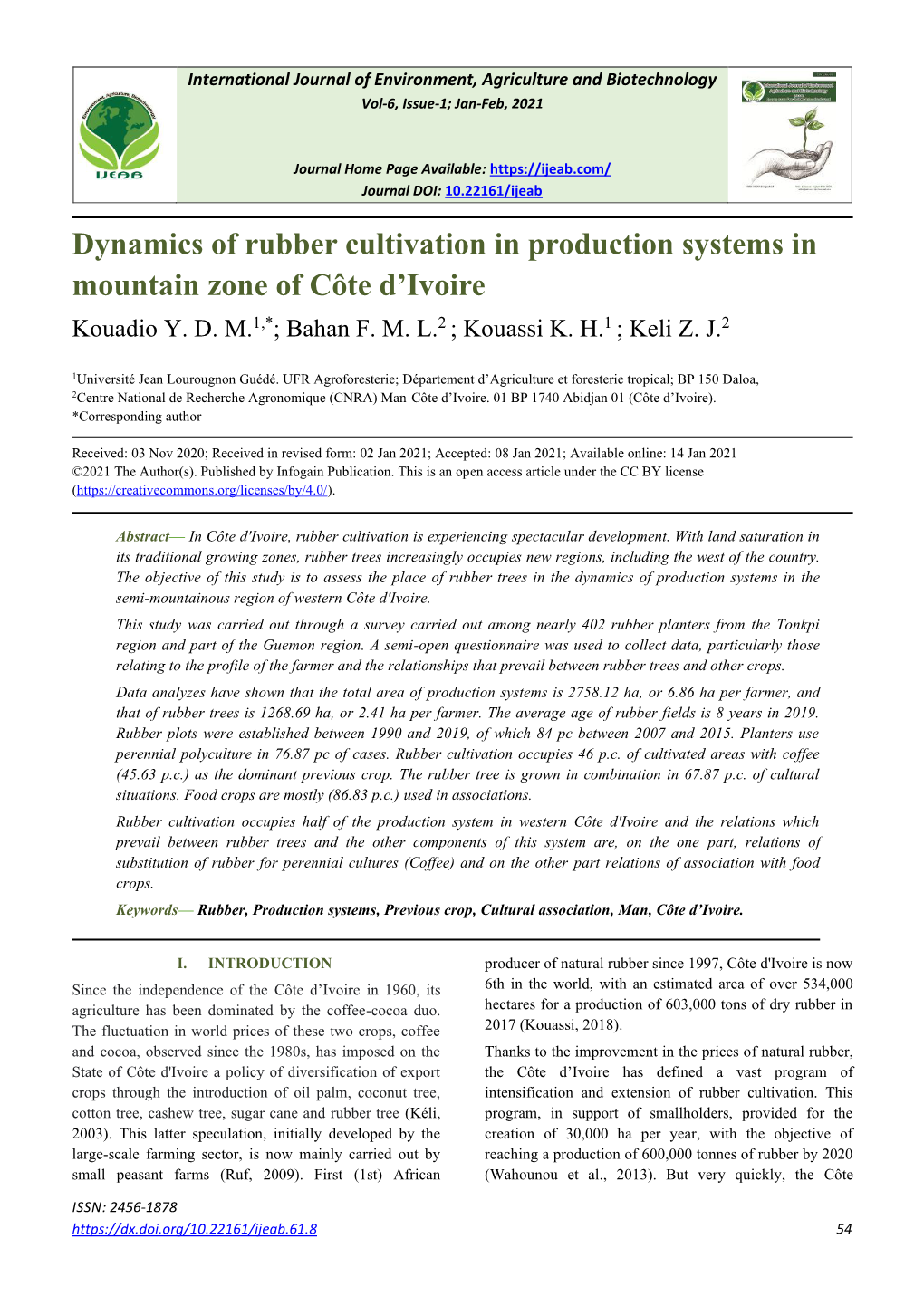 Dynamics of Rubber Cultivation in Production Systems in Mountain Zone of Côte D’Ivoire Kouadio Y