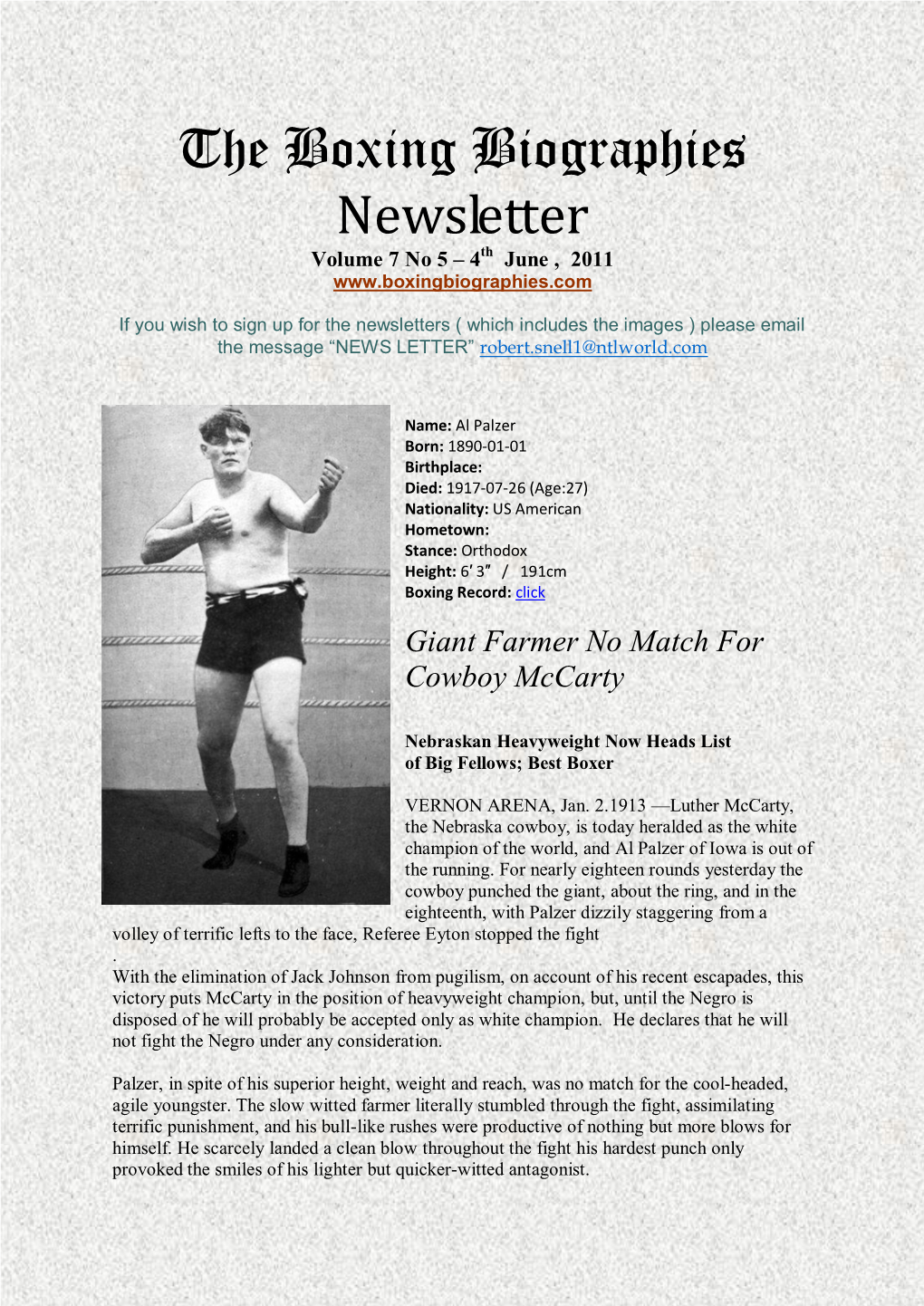 The Boxing Biographies Newsletter Volume 7 No 5 – 4Th June , 2011