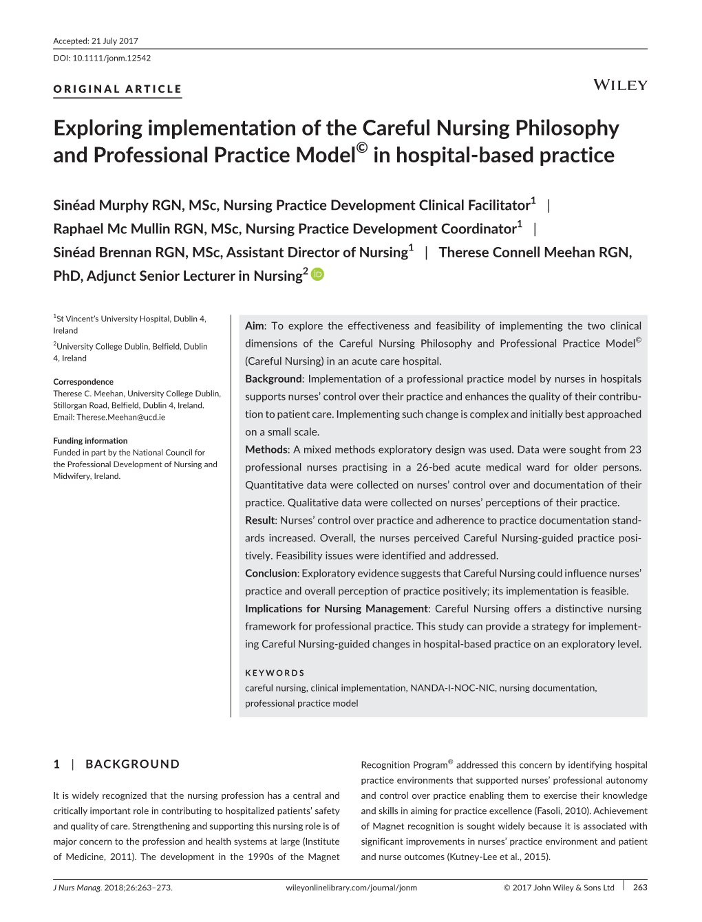 Exploring Implementation of the Careful Nursing Philosophy and Professional Practice Model© in Hospital‐Based Practice