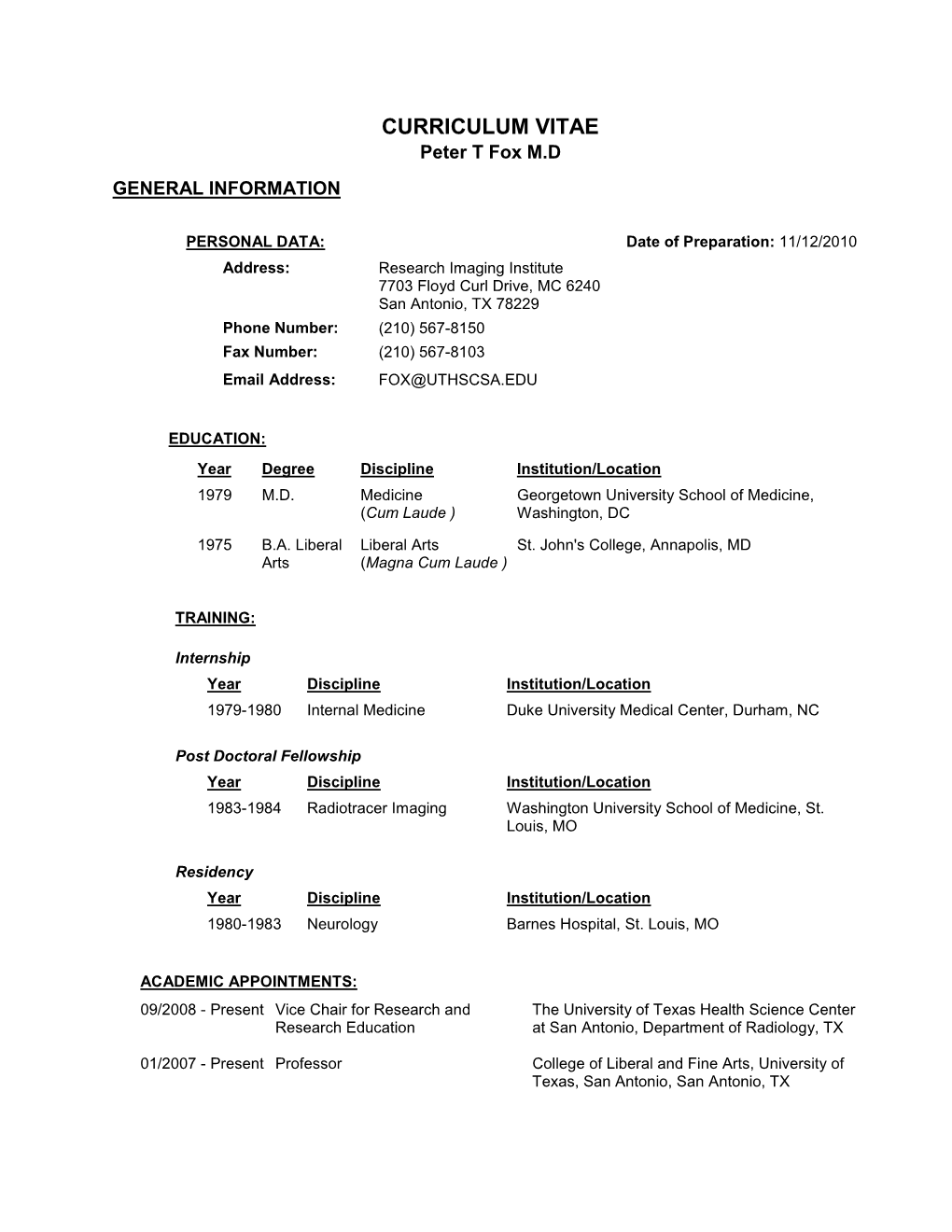 CV Preview for Peter T Fox