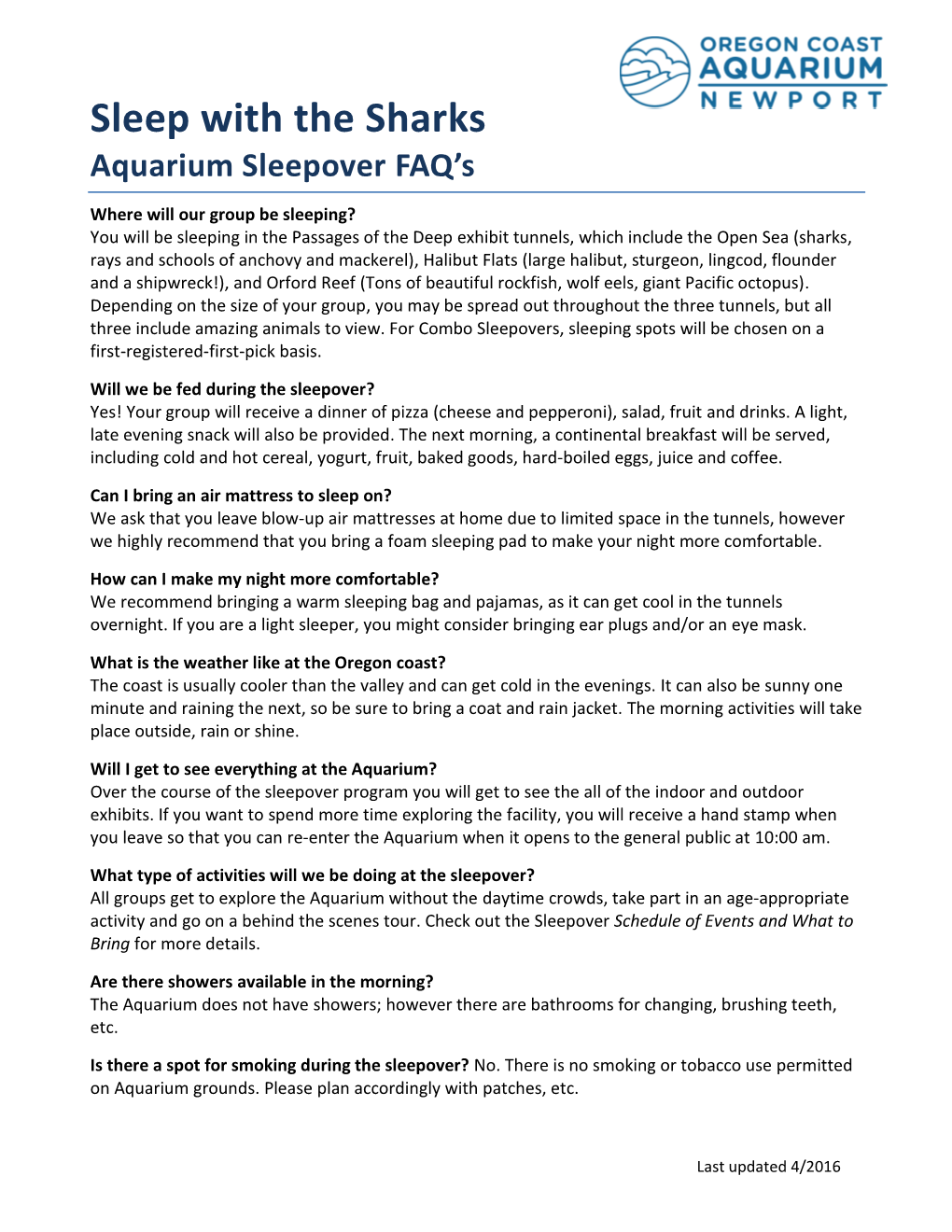 Sleep with the Sharks Aquarium Sleepover FAQ's