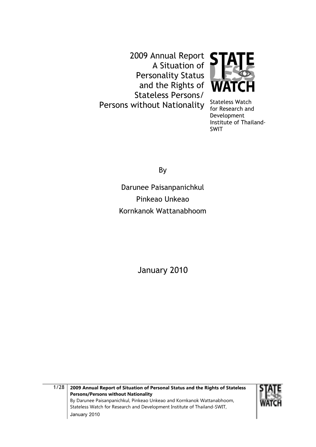 2009 Annual Report a Situation of Personality Status and the Rights of Stateless Persons