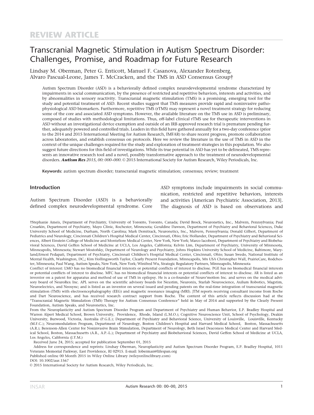Transcranial Magnetic Stimulation in Autism Spectrum Disorder: Challenges, Promise, and Roadmap for Future Research Lindsay M