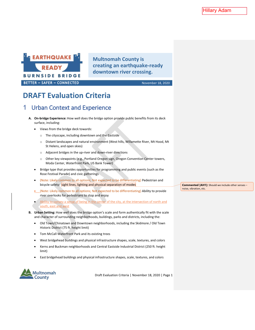 DRAFT Evaluation Criteria 1 Urban Context and Experience