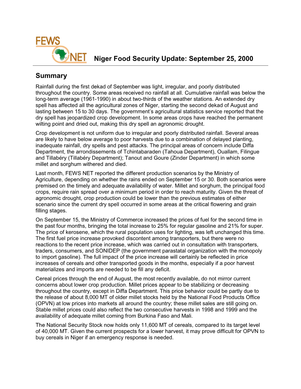 Niger Food Security Update: September 25, 2000 Summary